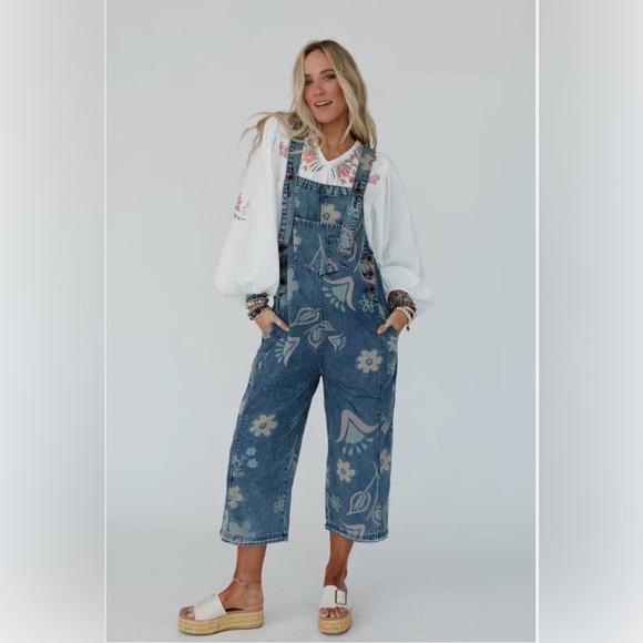 easel Pants - Easel Blue Floral Denim Overalls